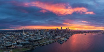Sunrise Aerial Panorama of Seattle Waterfront