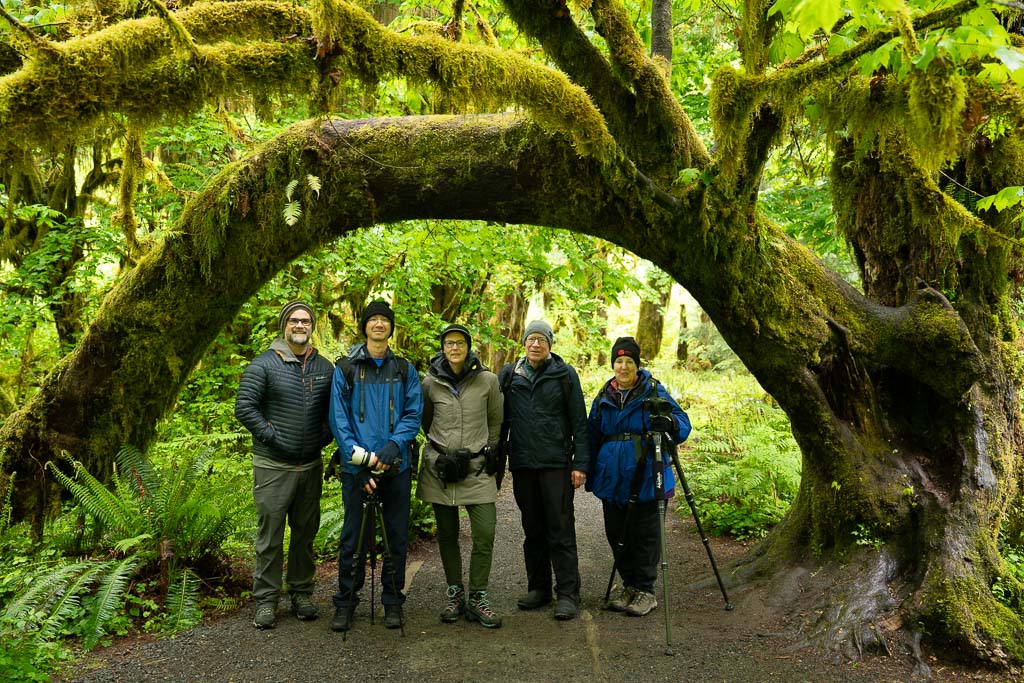 Photographers gather in the forest of the Olympic peninsula during a workshop