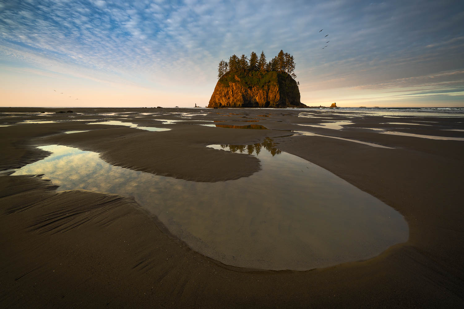 Second Beach Tides offshore rock and clouds reflected in curvy tide pool