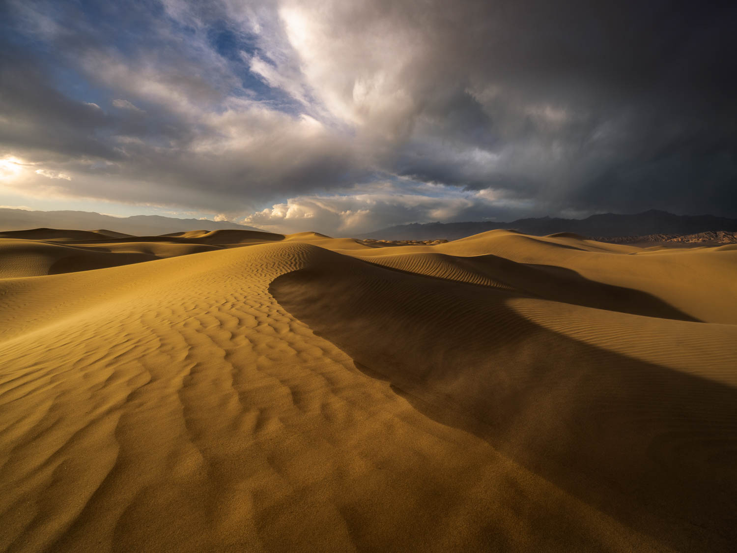 Windy Dunes Wind blown sand over golden lit sand dunes under stormy clouds