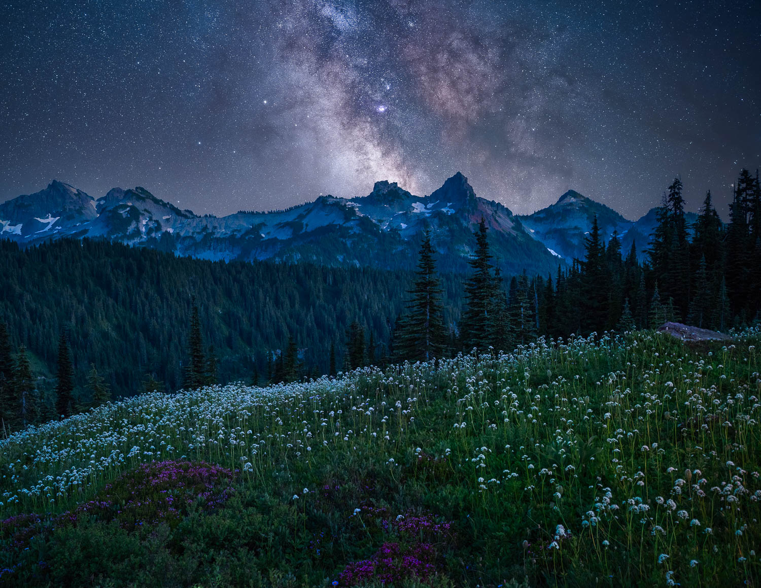 Tatoosh and The Galaxy Starry night sky and galactic core of milky way over snowy mountains a field of white wildflowers