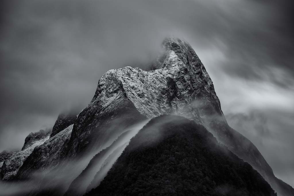 Mitre Peak Mood Clouds flow over Mitre Peak in Milford Sound