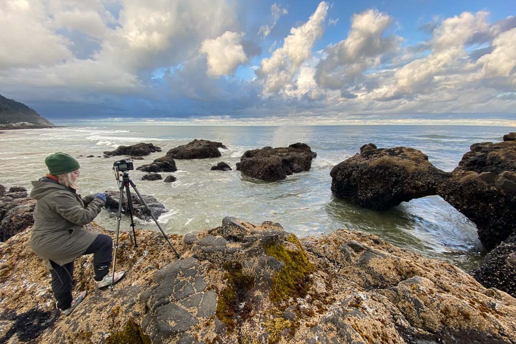 Oregon Coast Photography Workshop Sunset photographers on Oregon Coast beach during photo workshop